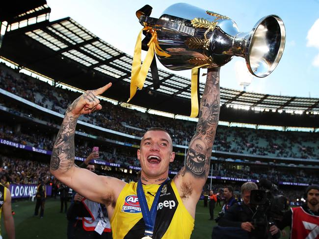 Dustin Martin with the 2017 premiership cup. Picture: Phil Hillyard