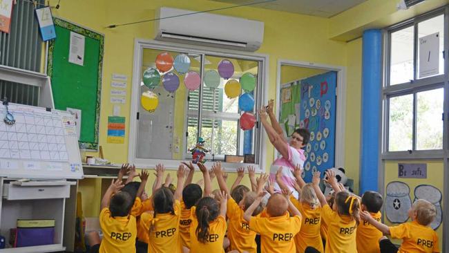 ALL HAIL THE AIR-CON: Prep students and their teacher enjoy the air-conditioning. Picture: Samantha O'Neil