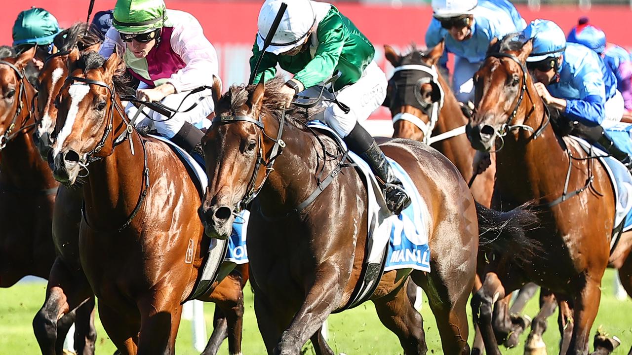 SYDNEY, AUSTRALIA - APRIL 06: XXX riding Manaal wins Race 6 Inglis Sires during Sydney Racing at Royal Randwick Racecourse on April 06, 2024 in Sydney, Australia. (Photo by Jeremy Ng/Getty Images)