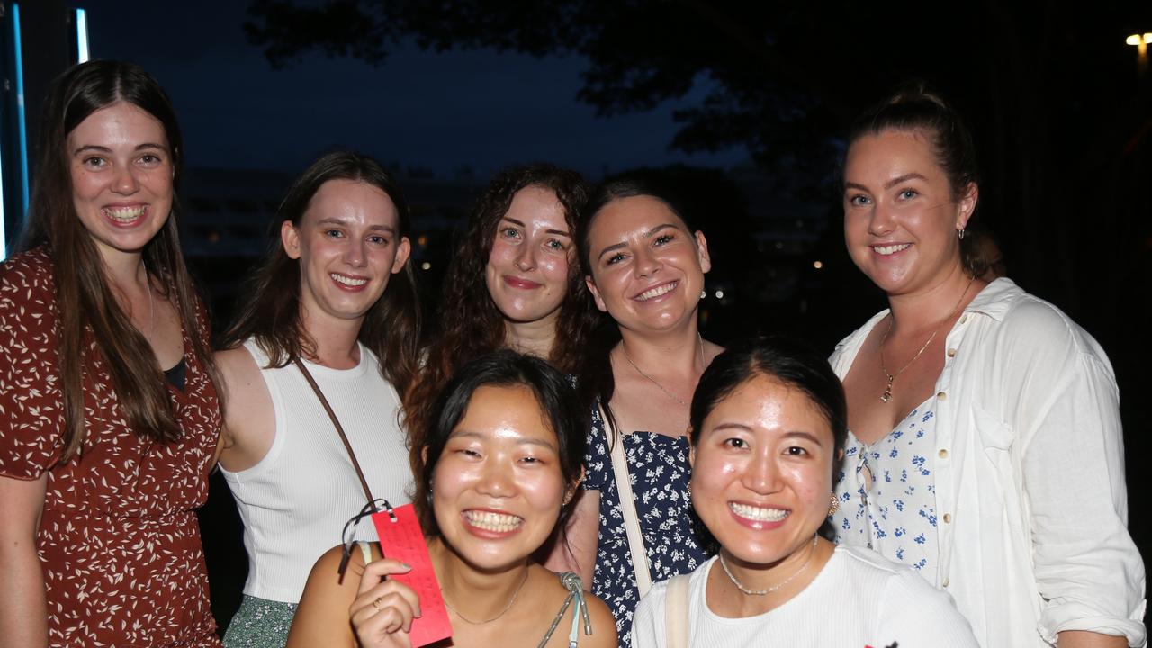 Felicity, Sarah Pollock, Kelly Gifford, Katy Barlow, Brianna Lyons, Runa Ishii, and Shiori Tanabe celebrate the last night of Chinese New Year festivities in Cairns. Picture: Kate Stephenson