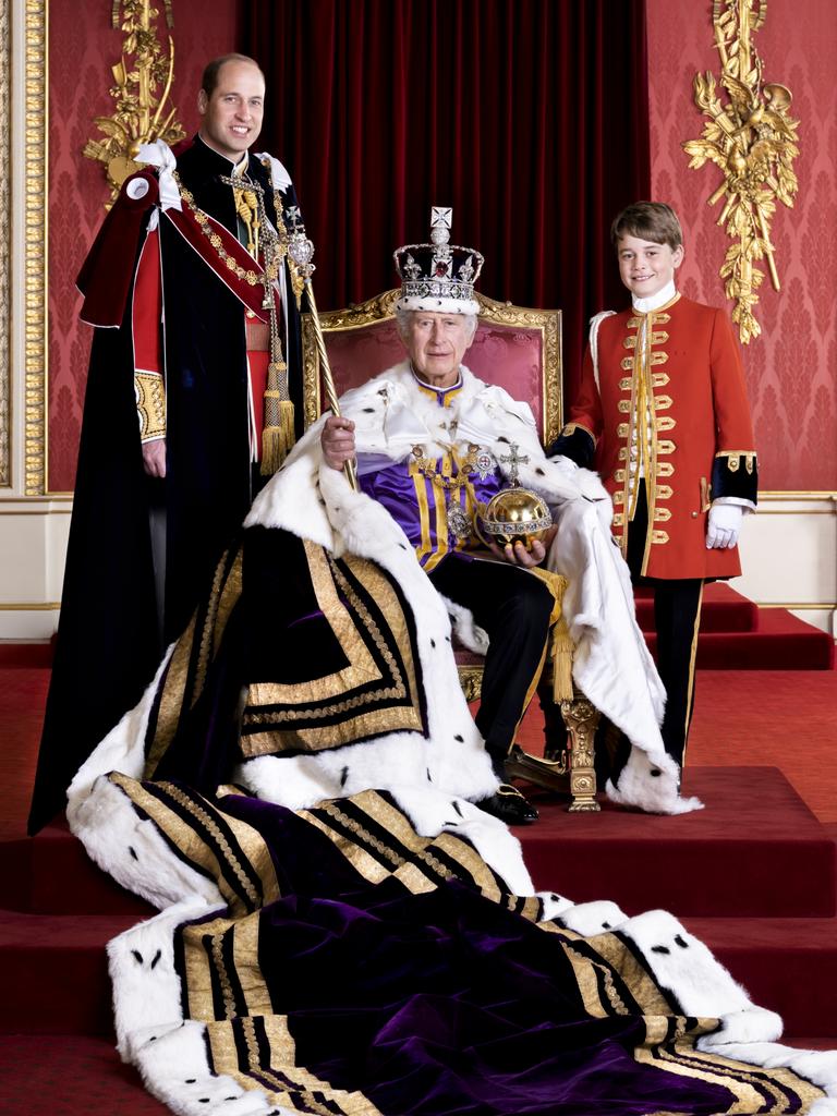 King Charles with his heirs: Prince William and Prince George. Picture: Hugo Burnand/Royal Household 2023 via Getty Images