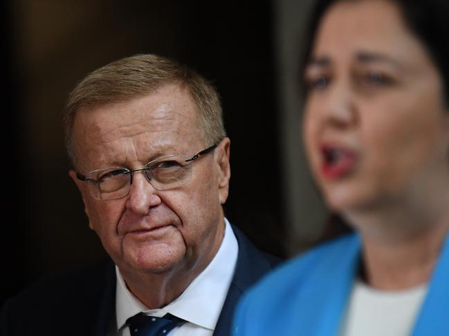 BRISBANE, AUSTRALIA - NewsWire Photos - FEBRUARY 25, 2021.AOC President John Coates watches Queensland Premier Annastacia Palaszczuk during a press conference at Parliament House. The International Olympic Committee's (IOC) Future Host Summer Commission has designated Brisbane as the "preferred candidate city" to host the 2032 Summer Olympic Games.Picture: NCA NewsWire / Dan Peled