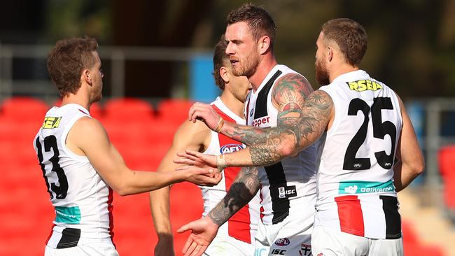 GOLD COAST, AUSTRALIA - JULY 11: Tim Membrey of the Saints celebrates a goal during the round 6 AFL match between the Fremantle Dockers and the St Kilda Saints at Metricon Stadium on July 11, 2020 in Gold Coast, Australia. (Photo by Chris Hyde/Getty Images)