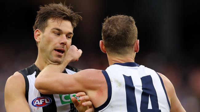 Levi Greenwood gets under Joel Selwood’s skin. Picture: Michael Klein