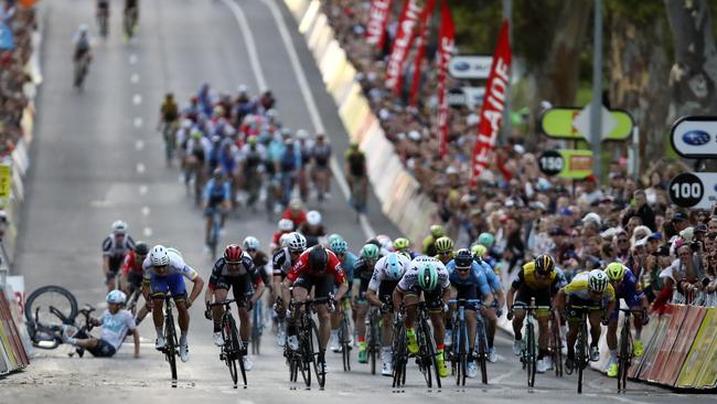 Peter Sagan leads in the People’s Choice Classic as another rider crashes in the background. Picture: Sarah Reed