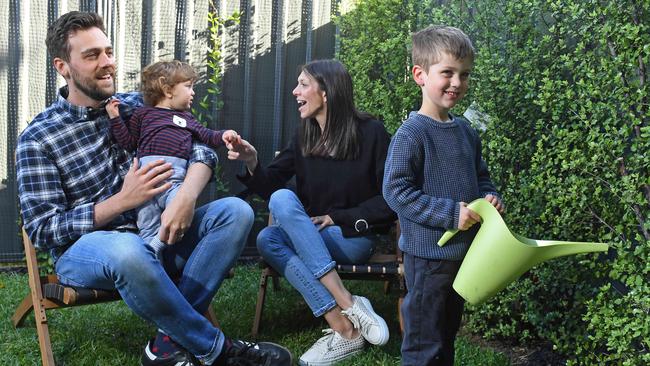 Alex and Charlotte Mackenzie, with kids George, 4, and Albert, 1, use water wisely to save money. Picture: Tom Huntley