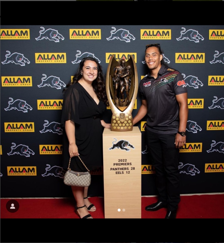 Ms Paris Toleafoa and Luai with the Provan-Summons Trophy. Picture: Instagram/Jarome Luai