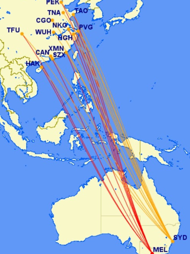 Routes to China from Melbourne and Sydney. Picture: gcmap.com via flightradar24