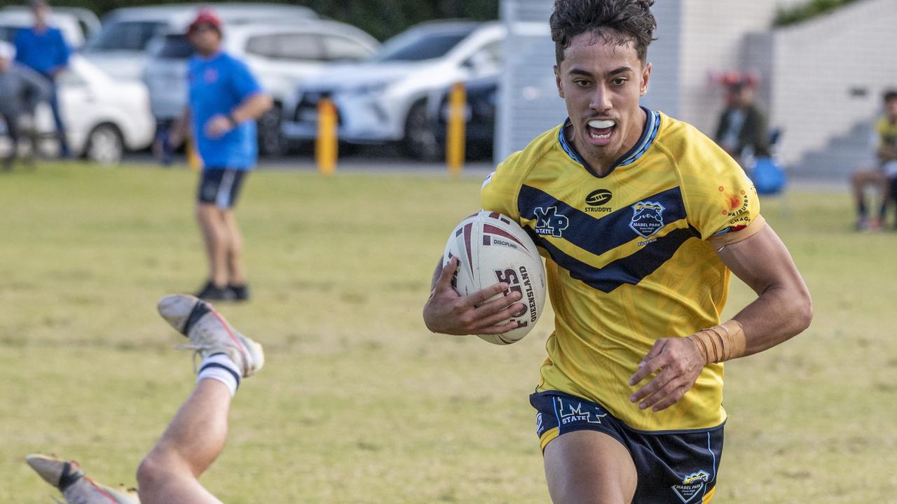 Hikoirangi Paki scores a try for Mabel Park. St Mary's College vs Mabel Park SHS. Langer Cup rugby league. Wednesday, June 16, 2021. Picture: Nev Madsen.