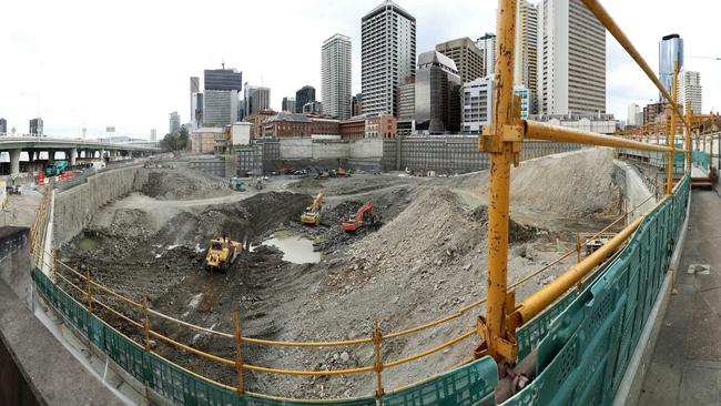 A panoramic view of the giant hole created for the Queen’s Wharf development. Picture: Liam Kidston