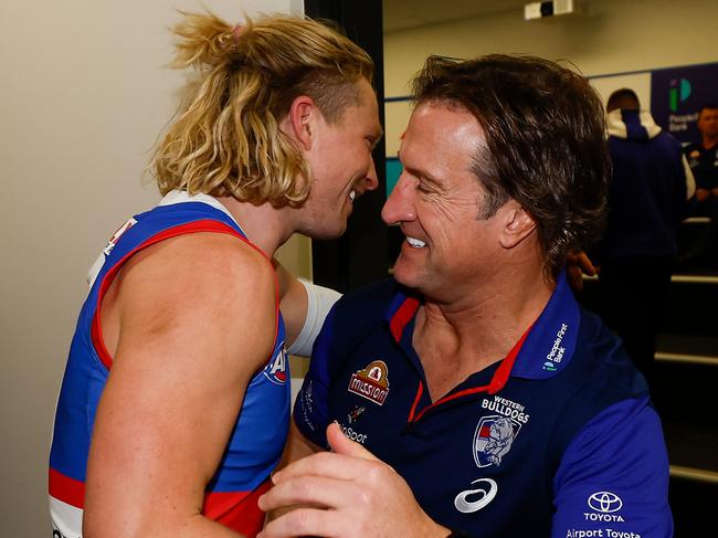 Cody Weightman and Luke Beveridge after the Bulldogs’ round 20 win over Sydney. Picture: Michael Willson/AFL Photos via Getty Images