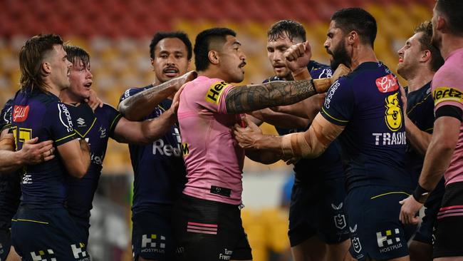 Tempers flare between Melbourne Storm and Penrith Panthers players during a rematch of the 2020 grand finalists. Picture: NRL Photos