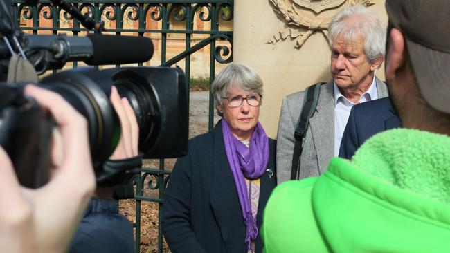 Barbara Eckersley, outside the Goulburn Supreme Court, while her lawyer, Adrian McKenna, addresses the media.