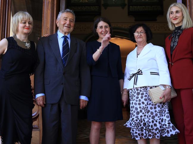 Premier Gladys Berejiklian with her family including sister Rita, dad Krikov, mum Arsha and sister Mary, on the day she is sworn in as NSW Premier. Picture: Toby Zerna