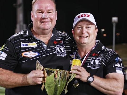 Damian Smith (left) and Scott Thorburn (right) following the Magpies' premiership triumph in 2023. The club has undergone a significant period of transition since, with nine players leaving and Hep Cahill taking over as head coach. Picture: Supplied.