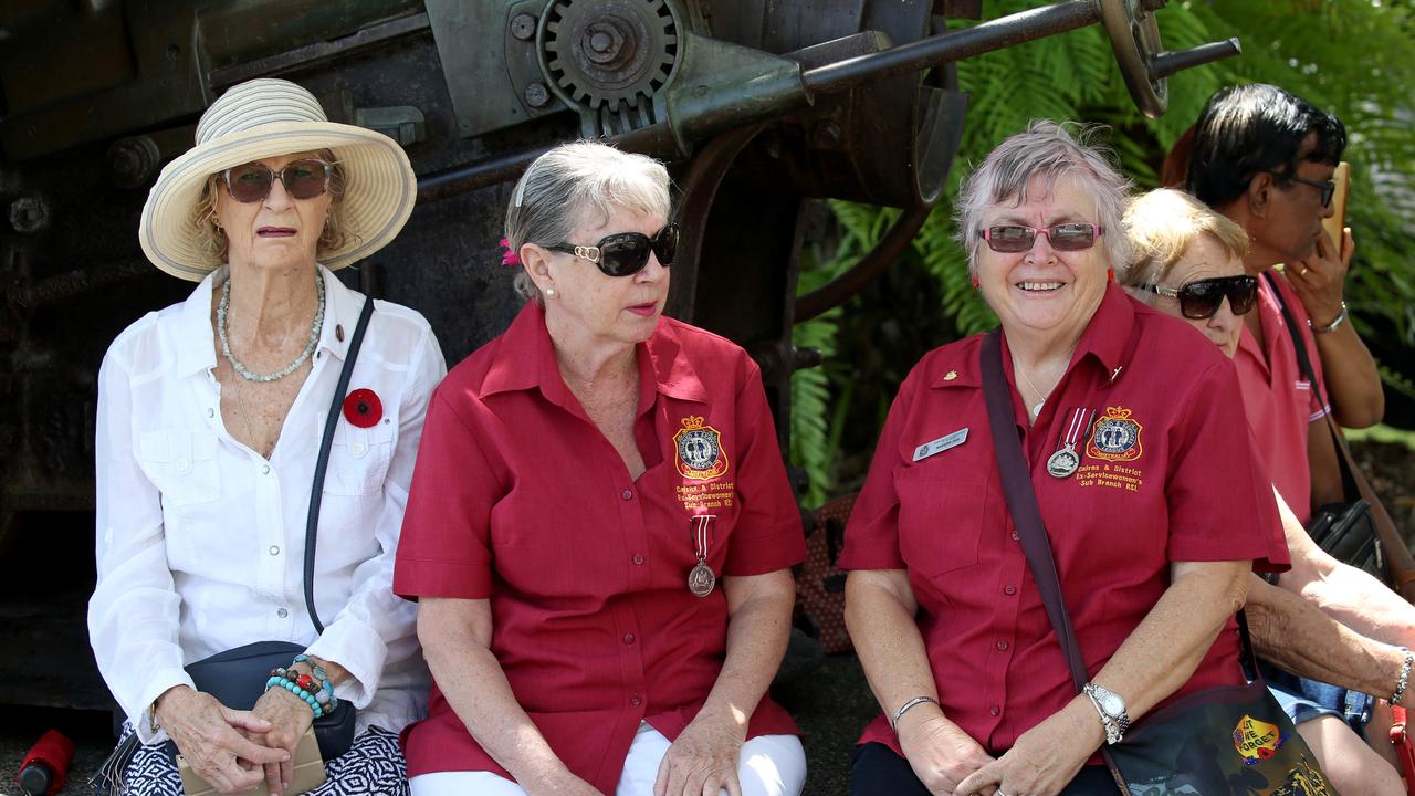 Jan O'Sullivan, Elaine Puttee and Marjorie Earl at the Remembrance Day commemorations at the Cairns Cenotaph PICTURE: ANNA ROGERS