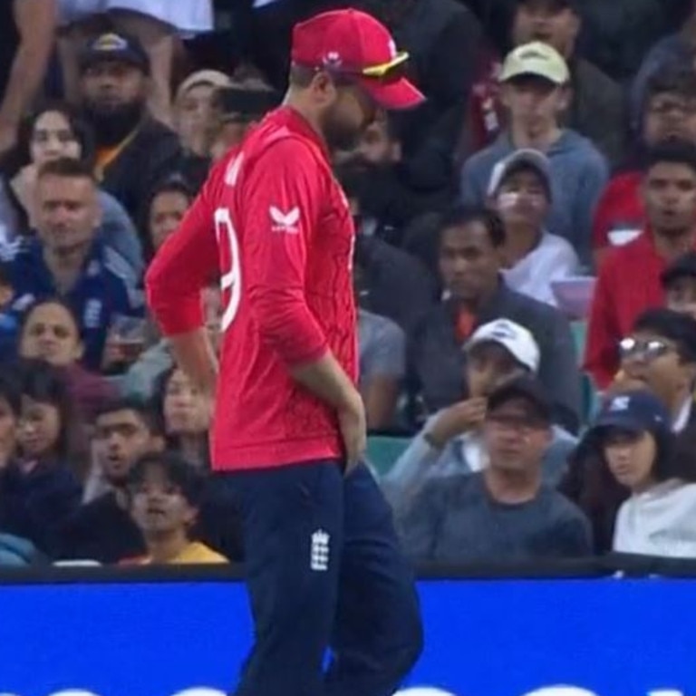 Dawid Malan clutches at his groin after being injured.