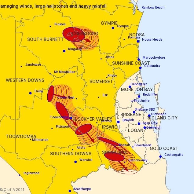 Six severe storm cells converge on southern Queensland. Picture: Bureau of Meteorology