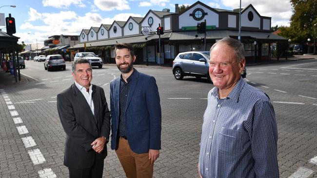 Urban planning, design and transport manager Ben Willsmore, city development manager John Devine and then Mayor Peter Hughes at the announcement of an upgrade of King William Rd on April 26 last year. Picture: AAP/ Keryn Stevens