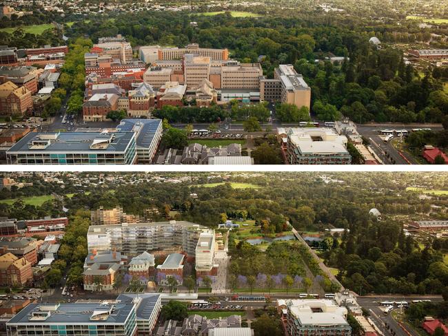 A before and after image of what the old RAH looks like now — top — and the artist impression of what the redevelopment would look like — bottom.