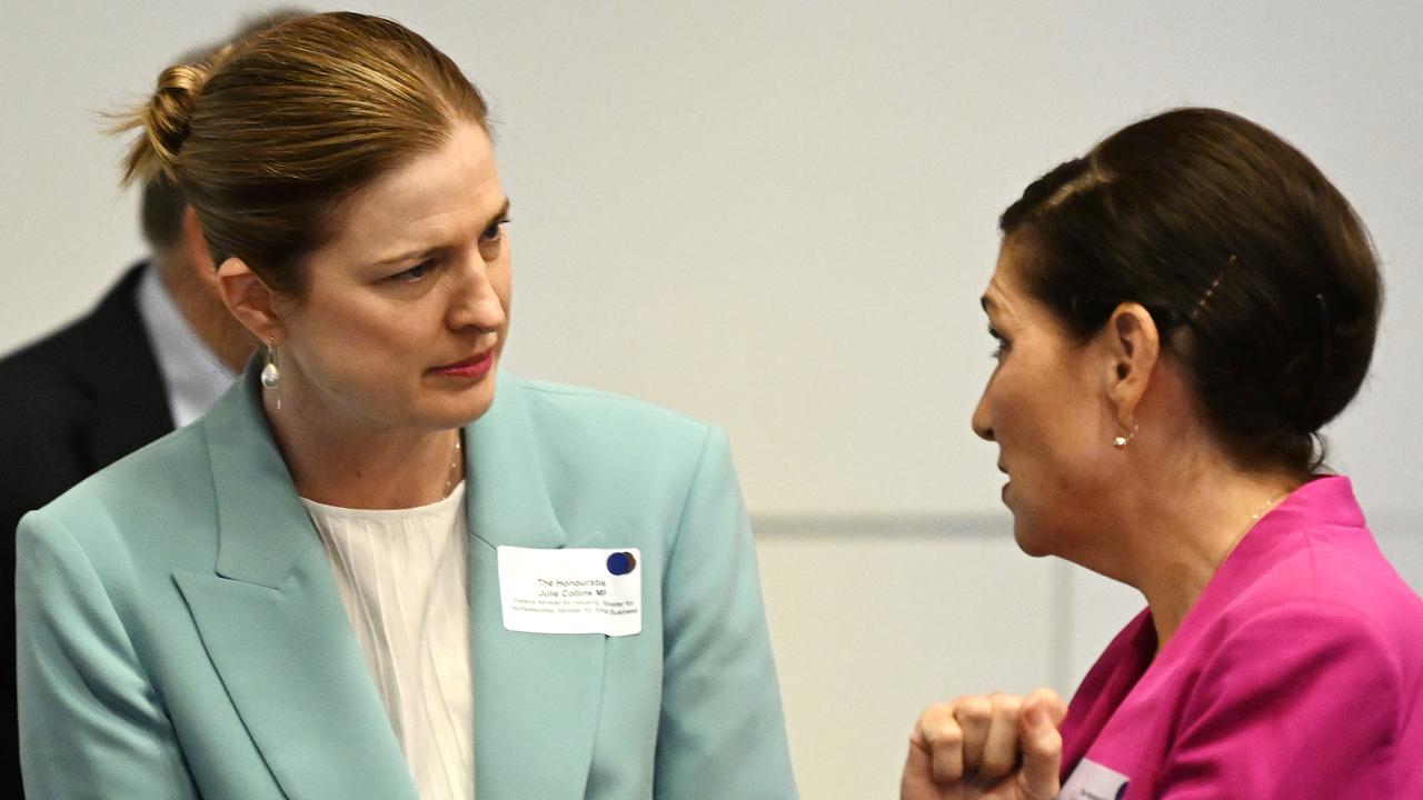 Federal Housing Minister Julie Collins (left) chats to Queensland Housing Minister Leeanne Enoch at the Queensland Housing Summit. Picture: NCA NewsWire / Dan Peled