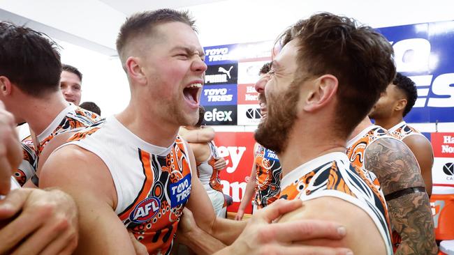 Harry Himmelberg was in the thick of GWS celebrations after the nailbiting win over Melbourne in Alice Springs. Picture: Michael Willson / Getty Images