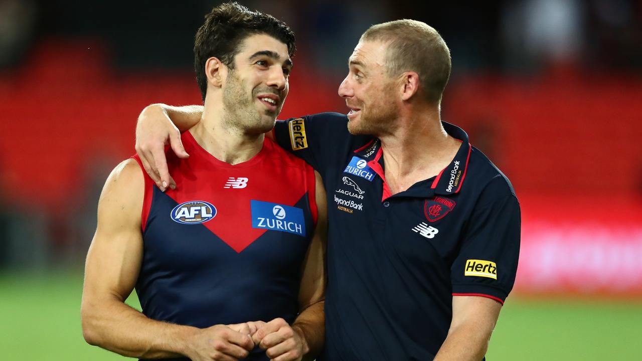 Demons coach Simon Goodwin and his man for all occasions, Christian Petracca. Picture: Getty Images