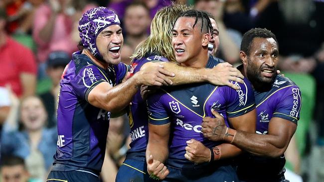 MELBOURNE, AUSTRALIA - MARCH 17: Dean Ieremia of the Storm celebrates a try before being disallowed during the round two NRL match between the Melbourne Storm and the South Sydney Rabbitohs at AAMI Park, on March 17, 2022, in Melbourne, Australia. (Photo by Kelly Defina/Getty Images)