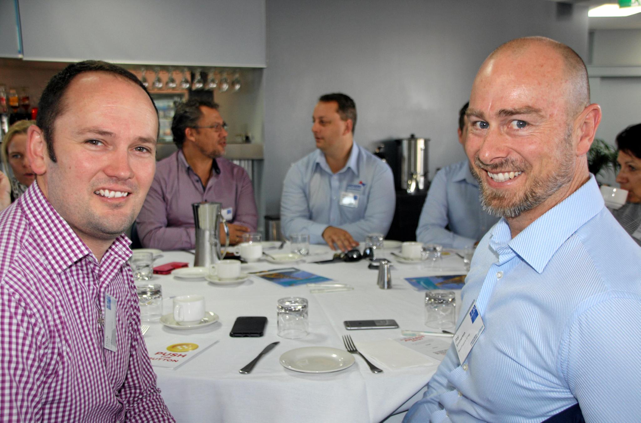 Nick Criss and Jay Emmerton of RPG at the Urban Development Institute of Australia (Qld) breakfast at Maroochydore Surf Club last Friday. Picture: Erle Levey