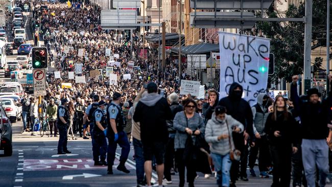 Anti-lockdown protesters clash with police in and around Victoria Park in Chippendale, Sydney. Picture: Julian Andrews