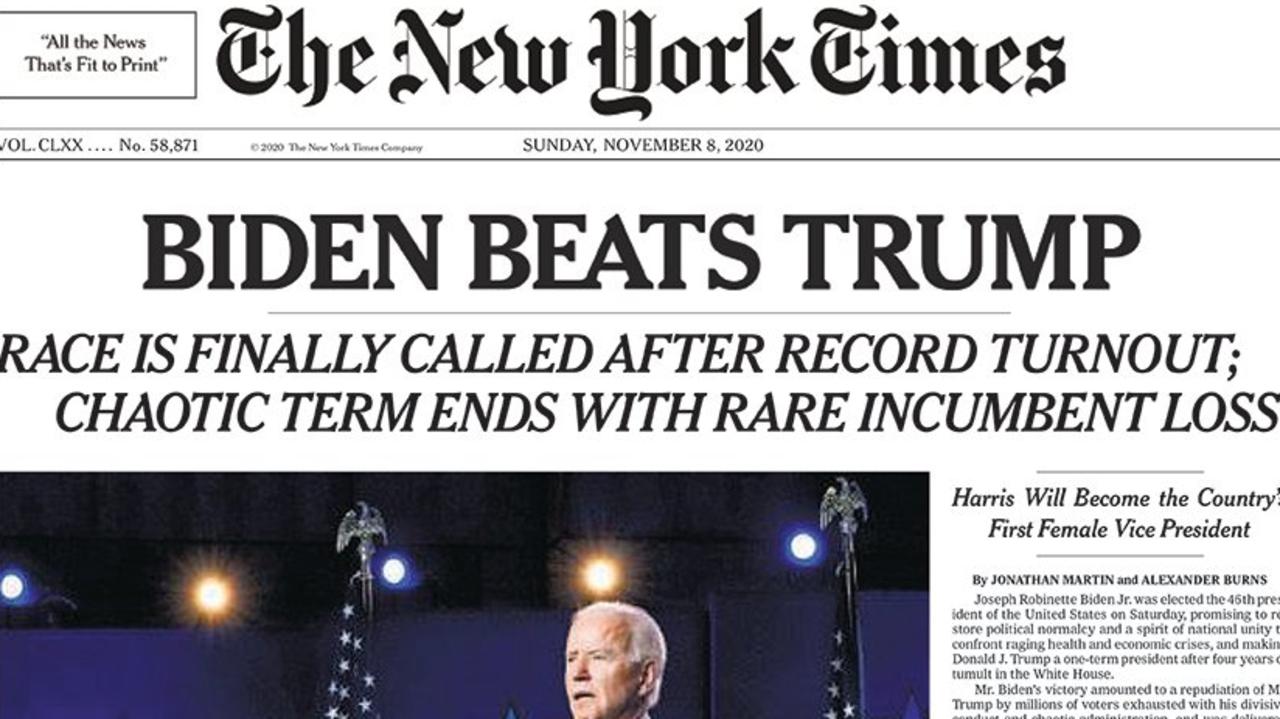 The front page of the New York times on November 8, 2020.