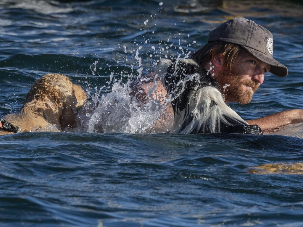 A dog-owner and his faithful companion make a splash. Picture: Daily Telegraph/ Monique Harmer