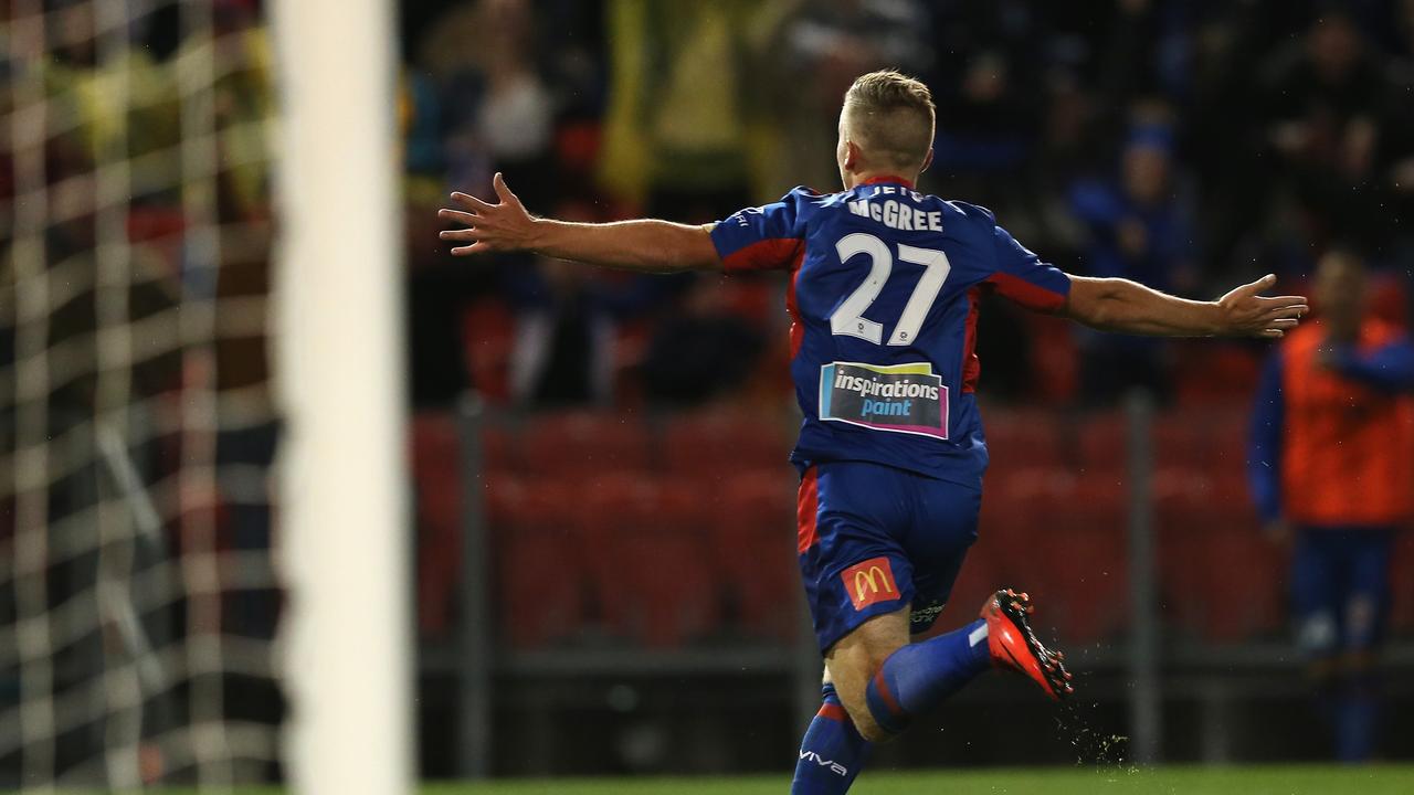 Riley McGree celebrates his unbelievable A-League goal.