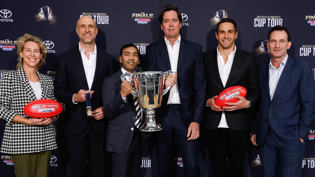 Chris Judd (second from left) will present the Norm Smith Medal while former Swan Josh Kennedy (second from right) is this year’s premiership cup ambassador. Picture: Dylan Burns / Getty Images