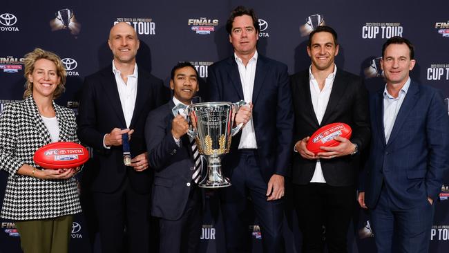 Chris Judd (second from left) will present the Norm Smith Medal while former Swan Josh Kennedy (second from right) is this year’s premiership cup ambassador. Picture: Dylan Burns / Getty Images