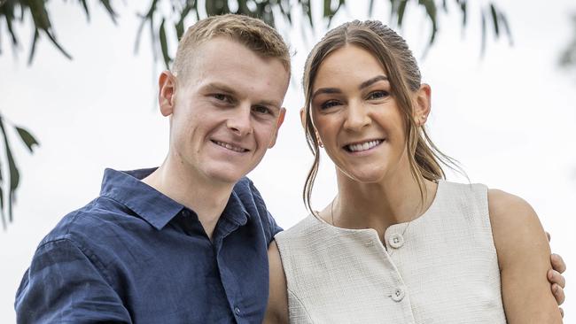 Engaged jockeys Ethan Brown and Celine Gaudray at their Skye property with Buffalo River, who ran in last yearÃs All-Star Mile. Picture: Jake Nowakowski