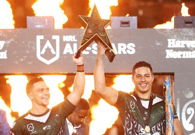 Kodi Nikorima and Joseph Tapine of the Maori All Stars celebrate victory (Photo by Mark Kolbe/Getty Images)