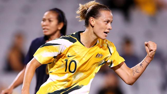 SYDNEY, AUSTRALIA – FEBRUARY 10: Emily van Egmond of the Matildas celebrates scoring a goal during the Women's Olympic Football Tournament Qualifier match between Thailand and the Australian Matildas at Campbelltown Sports Stadium on February 10, 2020 in Sydney, Australia. (Photo by Mark Kolbe/Getty Images)