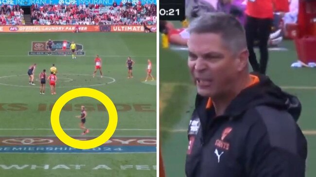 Adam Kingsley was furious the Giants didn't have a player on the wing in time. Photo: Fox Footy.