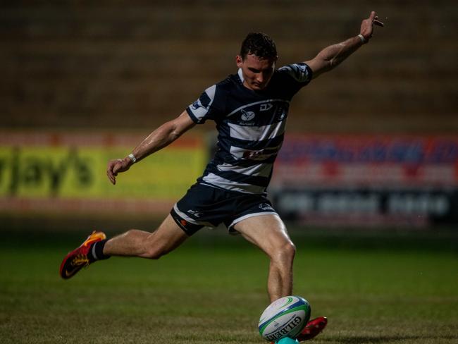 Action from Darwin A-grade Rugby Union Round 4: Casuarina Cougars v South Darwin Rabbitohs at Rugby Park, Marrara. Fly Half Trey Crowley converts a try in the first half. Picture: Che Chorley