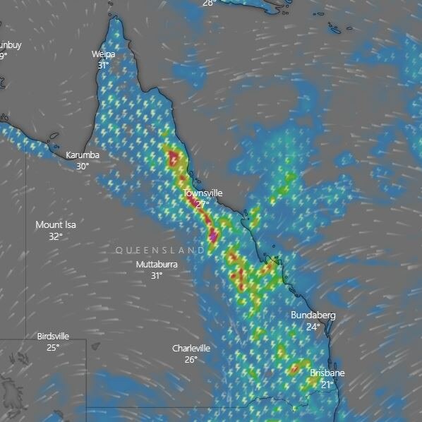 Queensland police pleads for locals to prepare for a big wet season, as a sizeable rain band travels across the state. Picture: Windy