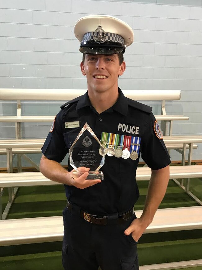 NT Police Officer Zachary Rolfe after receiving a bravery award for rescuing tourists from a flooded river in 2016. Rolfe is facing three charges over the shooting of Kumanjayi Walker.