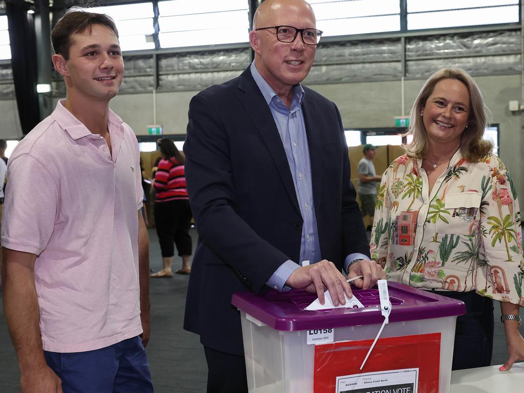 Peter Dutton casts his vote with his family at the Albany Creek State School in the seat of Dickson. Picture: Adam Head / NewsWire