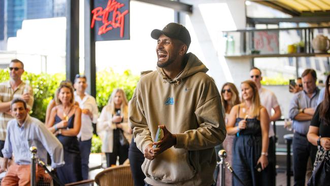 Nick Kyrgios enjoys a lighthearted game of table tennis against fellow Australian Jordan Thompson at a Melbourne bar. Picture: Mark Stewart