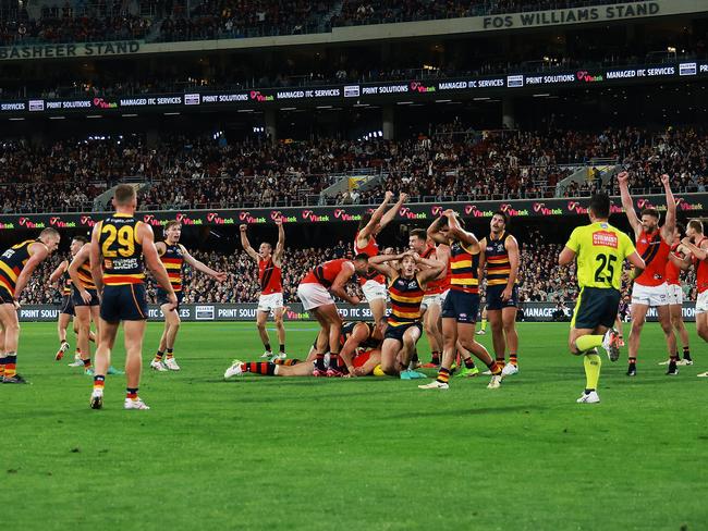 The siren sounded just moments after the non-call that cost the Crows a shot at goal. Picture: James Elsby/AFL Photos via Getty Images