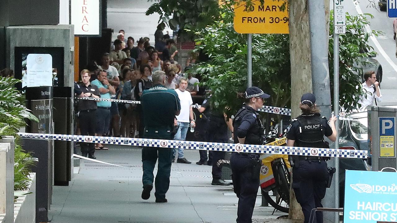 Police have created a crime scene blocking off Mary Street in front of the Westin hotel, Brisbane. Photographer: Liam Kidston.