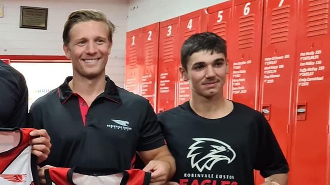 Dion Camera (right) has been one of the leading goalkickers for the Eagles this weekend. Picture: Robinvale Euston Football Club.