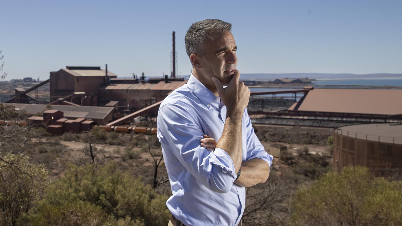 SA Premier Peter Malinauskas stands on Hummock Hill Lookout in Whyalla, overlooking the Whyalla Steelworks. Picture: Brett Hartwig