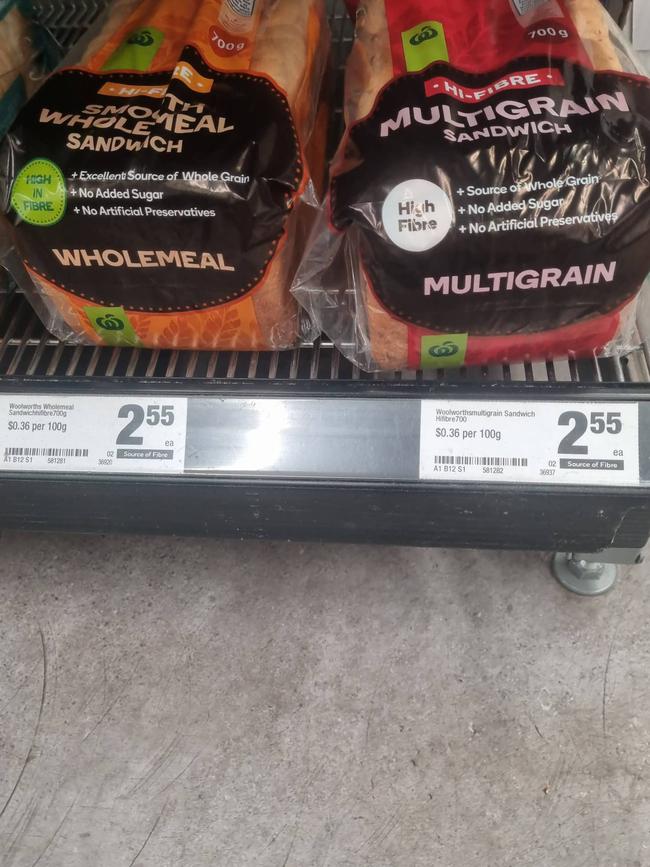 Woolworths wholemeal and multigrain bread sells for $2.55.