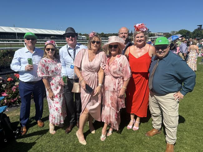 Peter Ekin, Vicki Dennis, Dean Sloggett, Carol Mills, Sue Helps, Darren Nowicki, Kellie Marks and Reg Dennis at the Melbourne Cup at Flemington Racecourse on November 5, 2024. Picture: Phillippa Butt